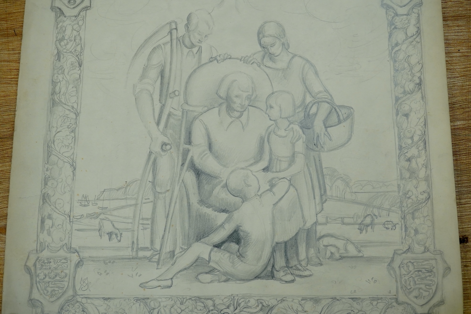 Adrian Paul Allinson ROI (1890-1959), two pencil / charcoal drawings from the artists sketch book, Figural studies including ‘Love one Another’, unsigned, unframed. Condition - fair